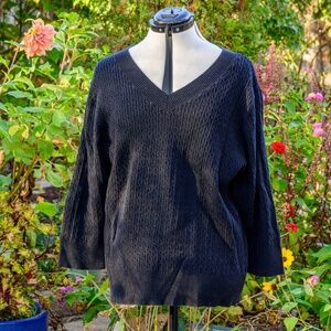 Style & Co Cable-knit V-neck Blk cotton sweater, full-length slvs